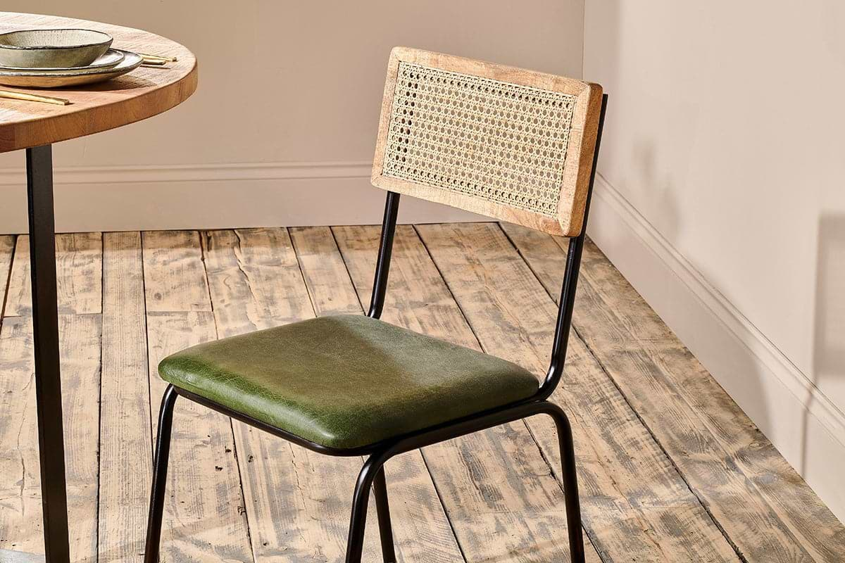 Nkuku - Iswa Leather & Cane Dining Chair - Green