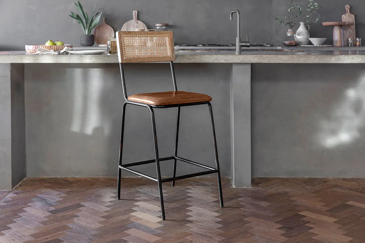 Nkuku - Iswa Leather & Cane Counter Chair - Aged Tan