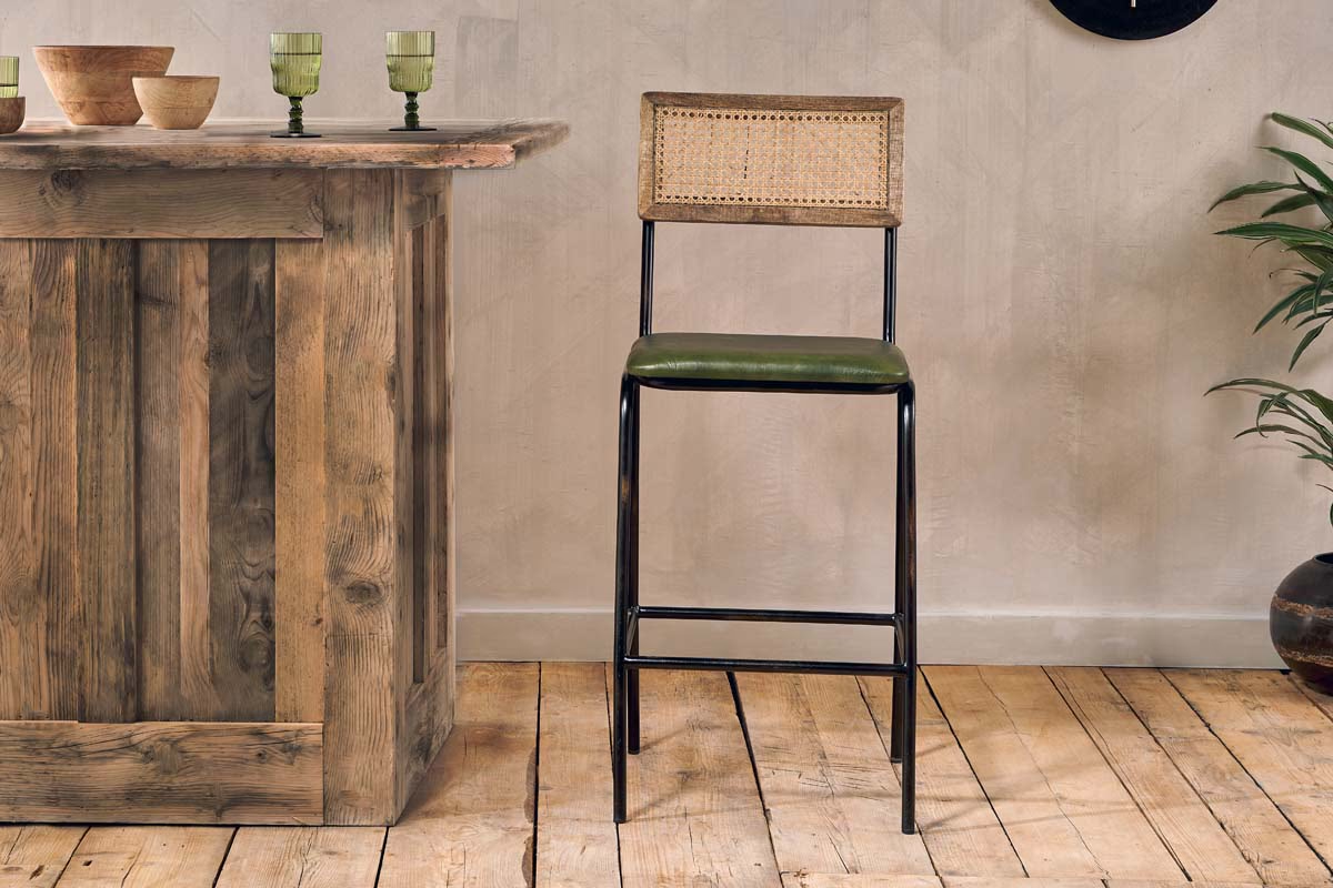 Nkuku - Iswa Leather & Cane Counter Chair - Rich Green