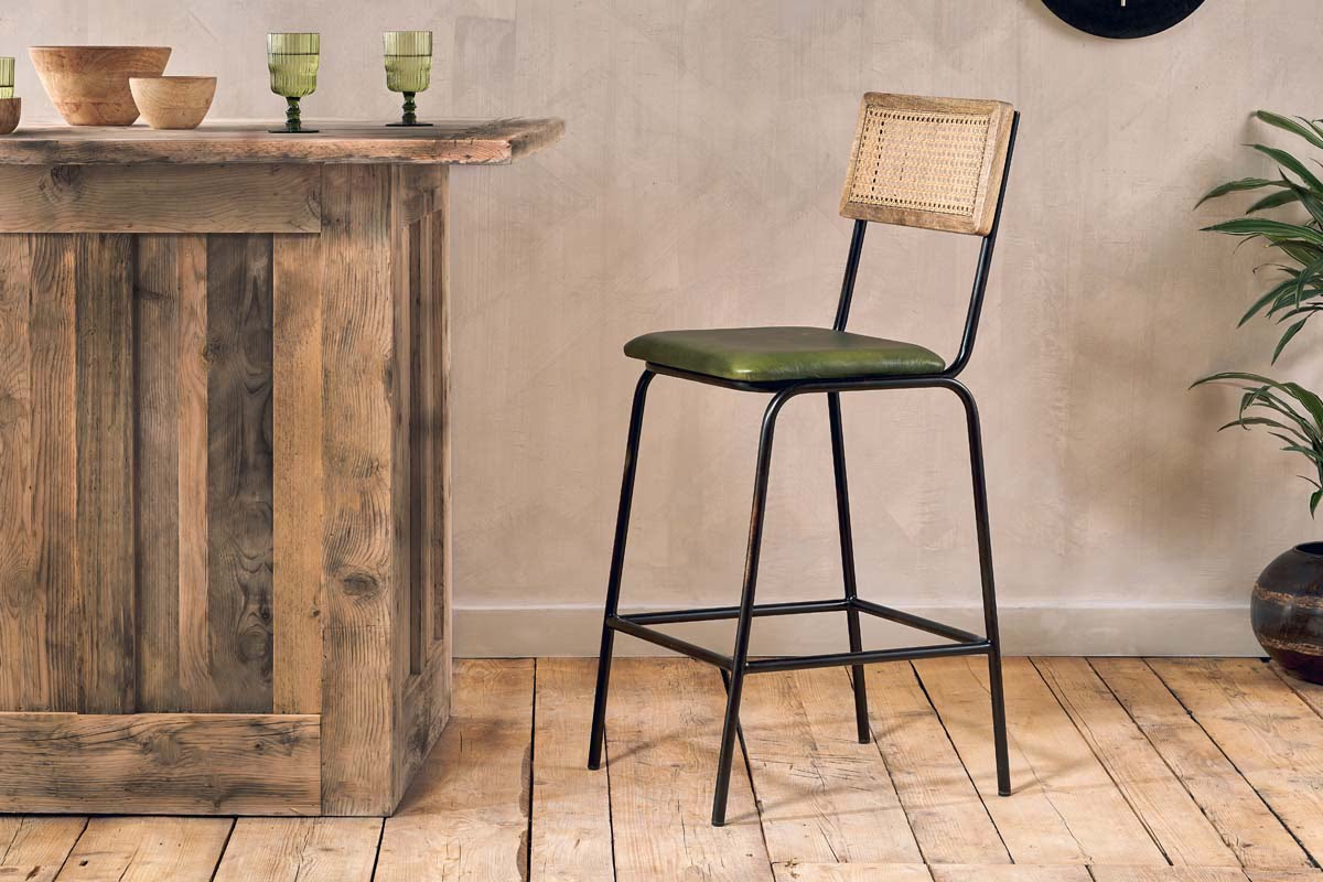 Nkuku - Iswa Leather & Cane Counter Chair - Rich Green