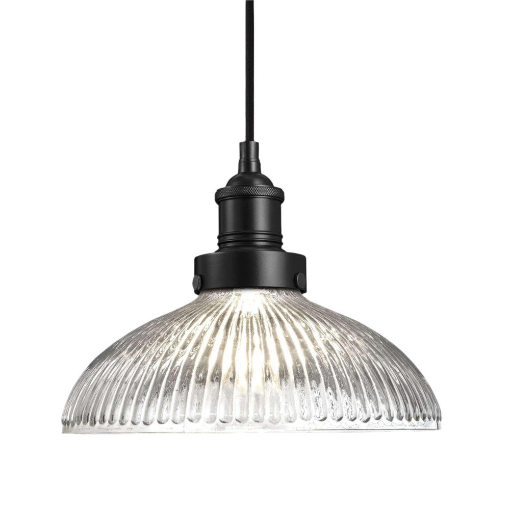 Industville - Brooklyn Pendant Light - Ribbed Glass Dome - 12 Inch - Black Pendant Holder