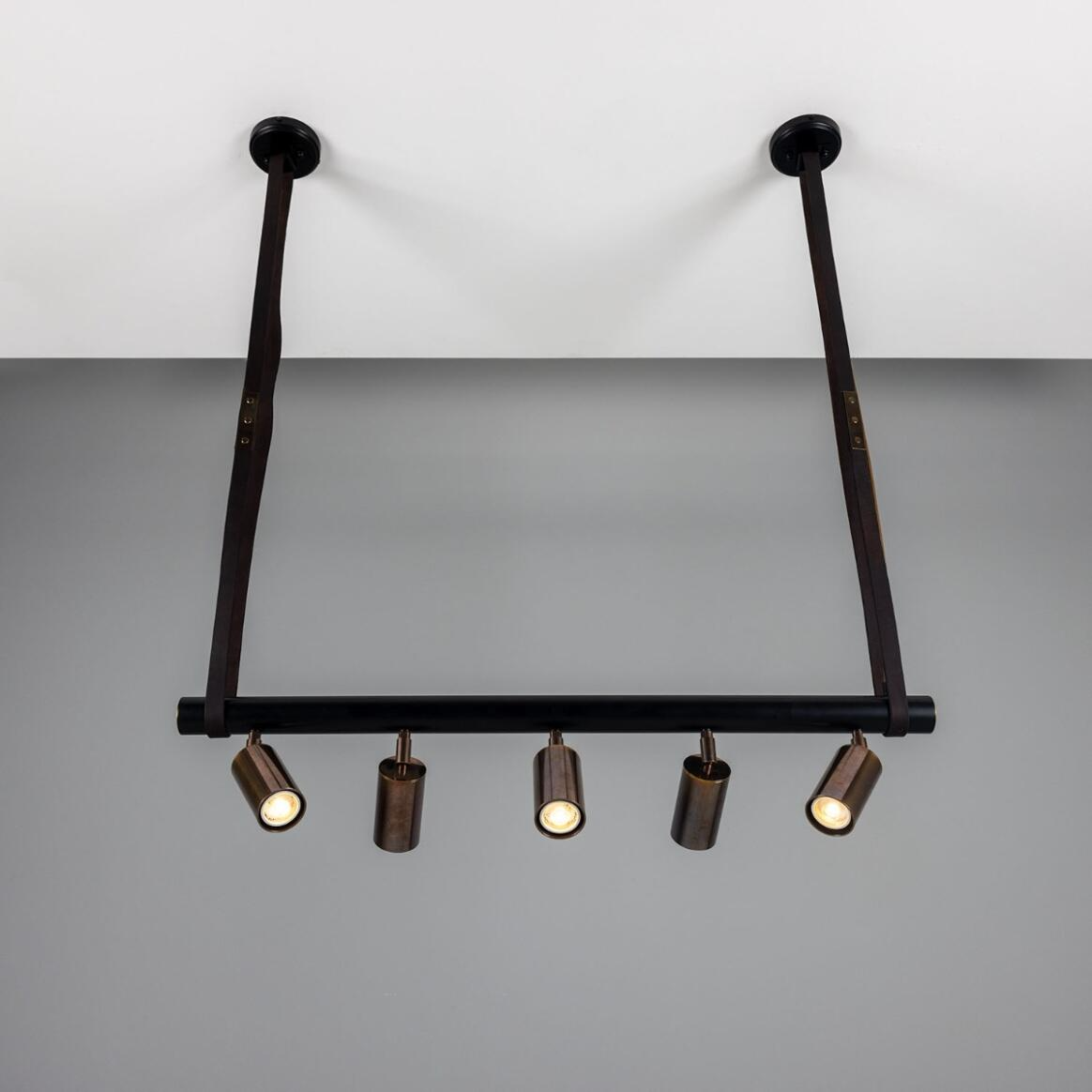 Mullan Holmes Linear Island Pendant with Leather Straps  Five-Light - Powder-Coated Matte Black and Antique Brass Finish