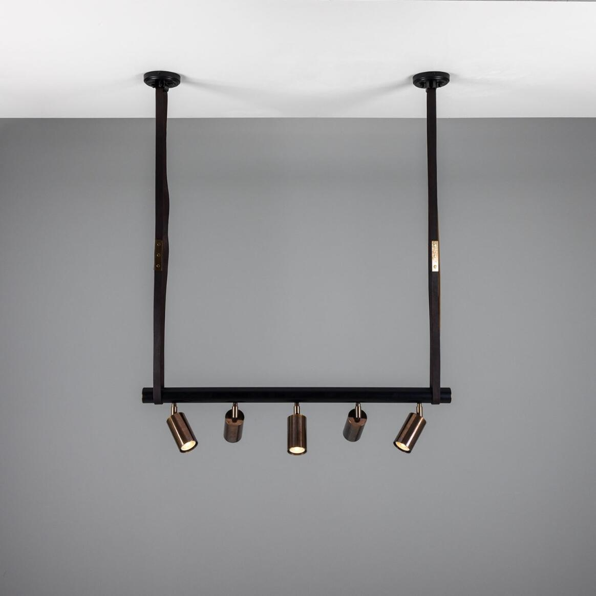 Mullan Holmes Linear Island Pendant with Leather Straps  Five-Light - Powder-Coated Matte Black and Antique Brass Finish