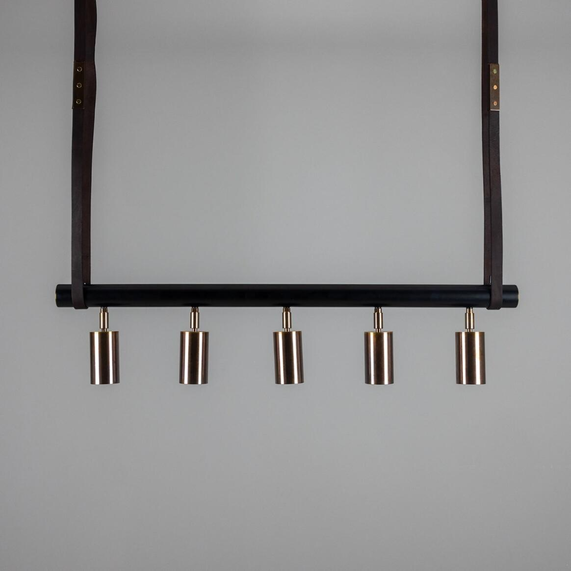 Mullan Holmes Linear Island Pendant with Leather Straps  Five-Light - Powder-Coated Matte Black and Antique Brass Finish