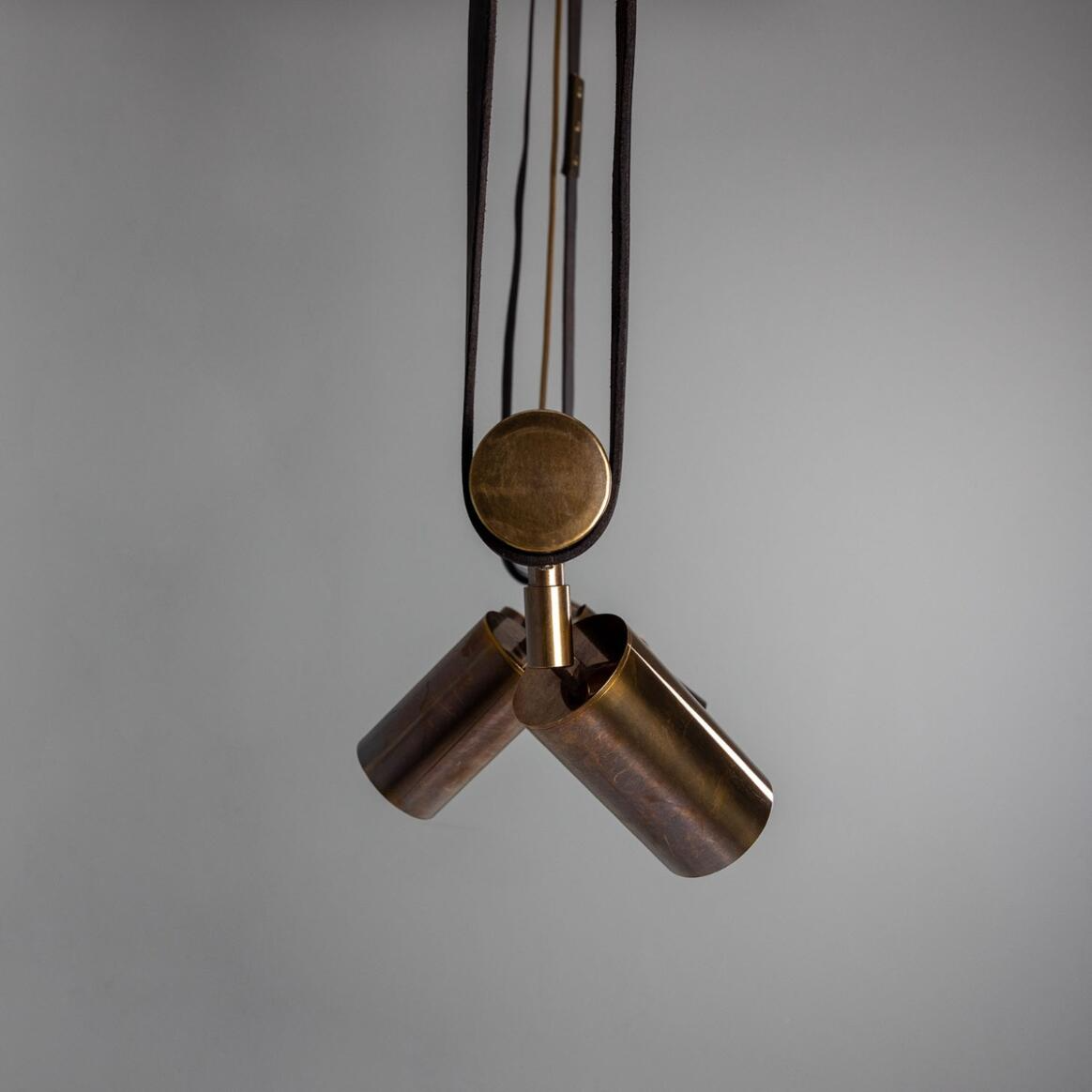 Mullan Holmes Linear Island Pendant with Leather Straps  Five-Light - Powder-Coated Matte Black and Antique Brass Finish