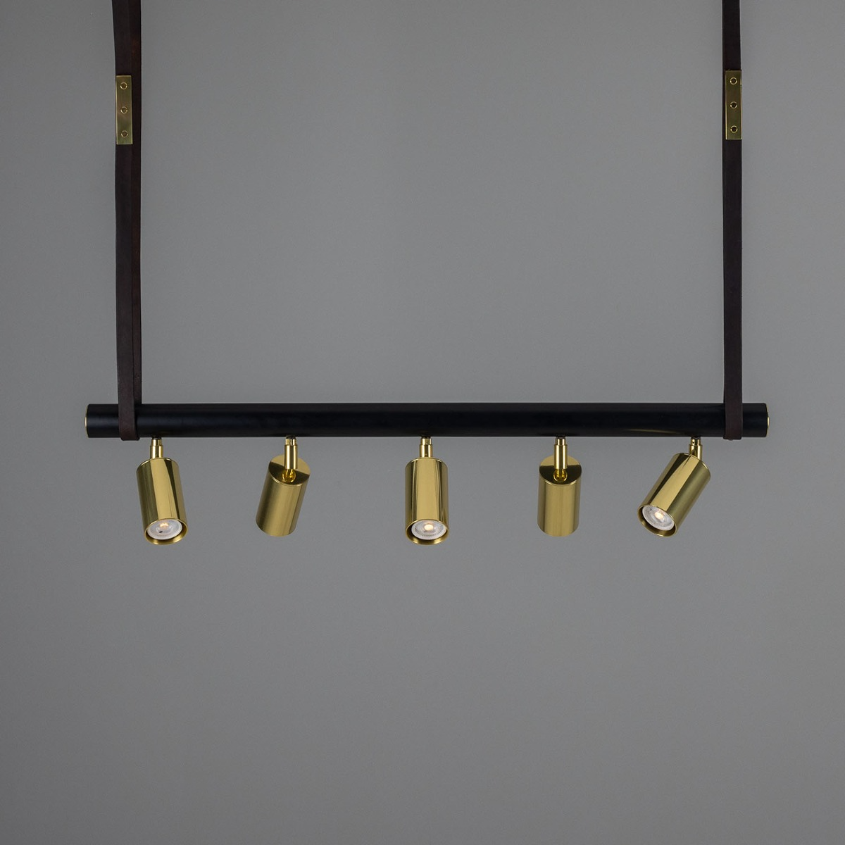 Mullan Holmes Linear Island Pendant with Leather Straps Five-Light - Powder-Coated Matte Black and Polished Brass Finish