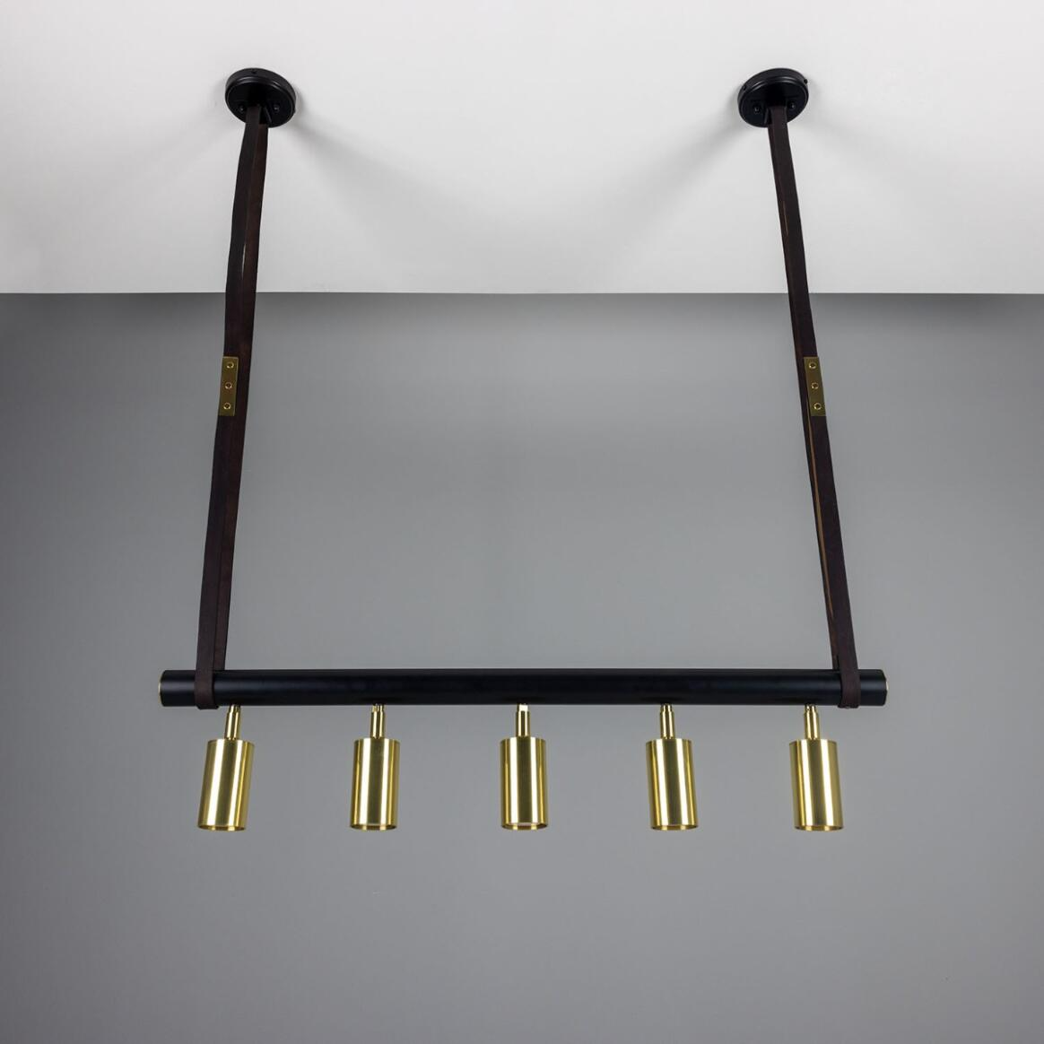 Mullan Holmes Linear Island Pendant with Leather Straps Five-Light - Powder-Coated Matte Black and Polished Brass Finish