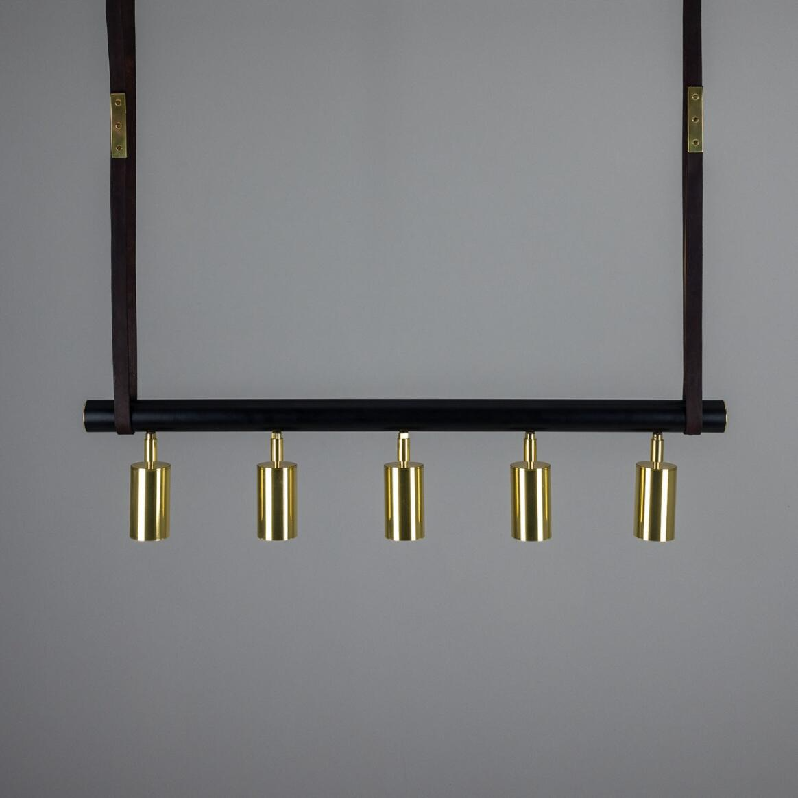Mullan Holmes Linear Island Pendant with Leather Straps Five-Light - Powder-Coated Matte Black and Polished Brass Finish