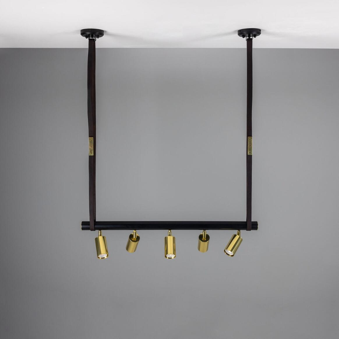 Mullan Holmes Linear Island Pendant with Leather Straps Five-Light - Powder-Coated Matte Black and Polished Brass Finish
