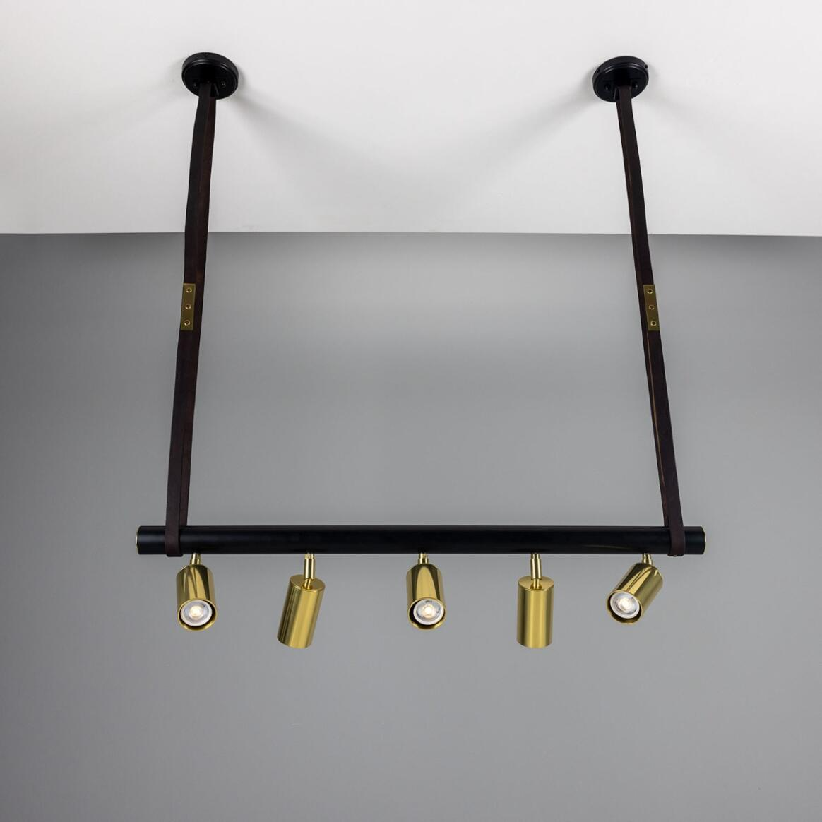 Mullan Holmes Linear Island Pendant with Leather Straps Five-Light - Powder-Coated Matte Black and Polished Brass Finish