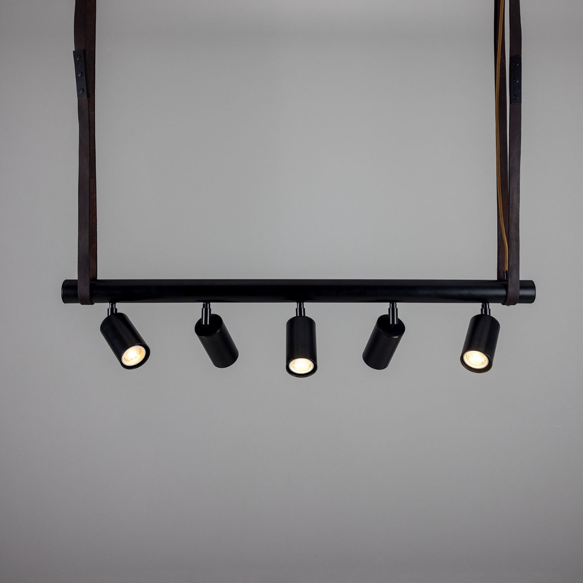 Mullan Holmes Linear Island Pendant with Leather Straps Five-Light - Powder-Coated Matte Black Finish