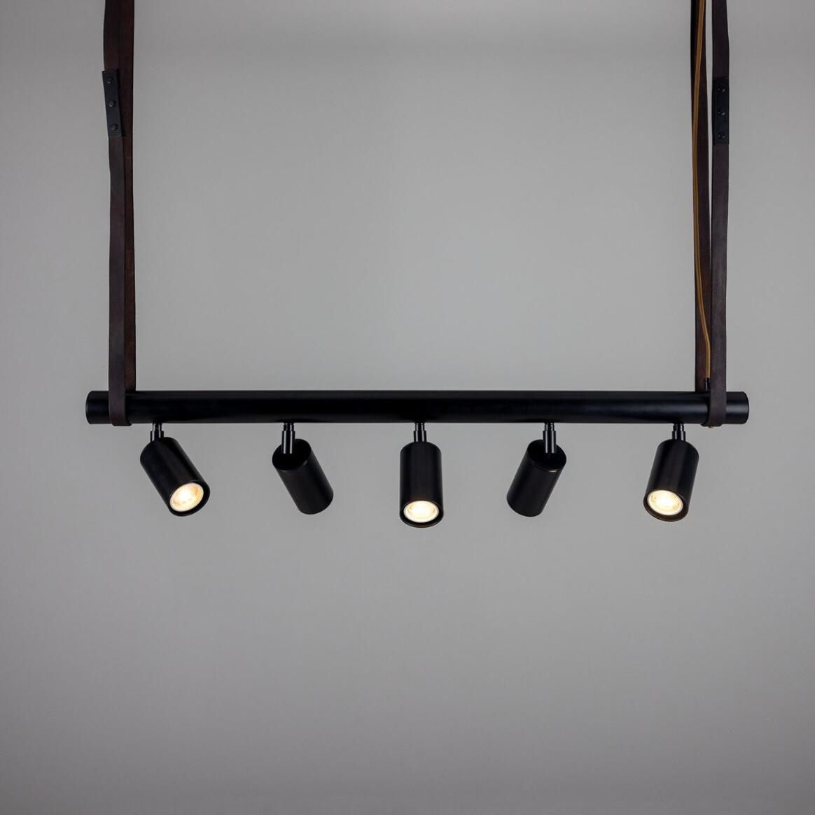 Mullan Holmes Linear Island Pendant with Leather Straps Five-Light - Powder-Coated Matte Black Finish