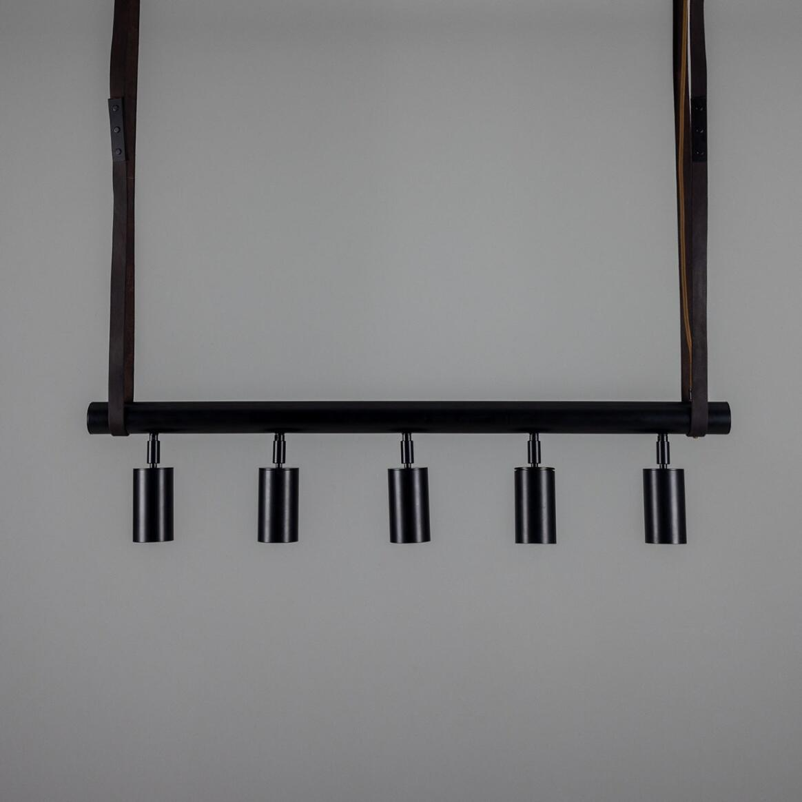 Mullan Holmes Linear Island Pendant with Leather Straps Five-Light - Powder-Coated Matte Black Finish