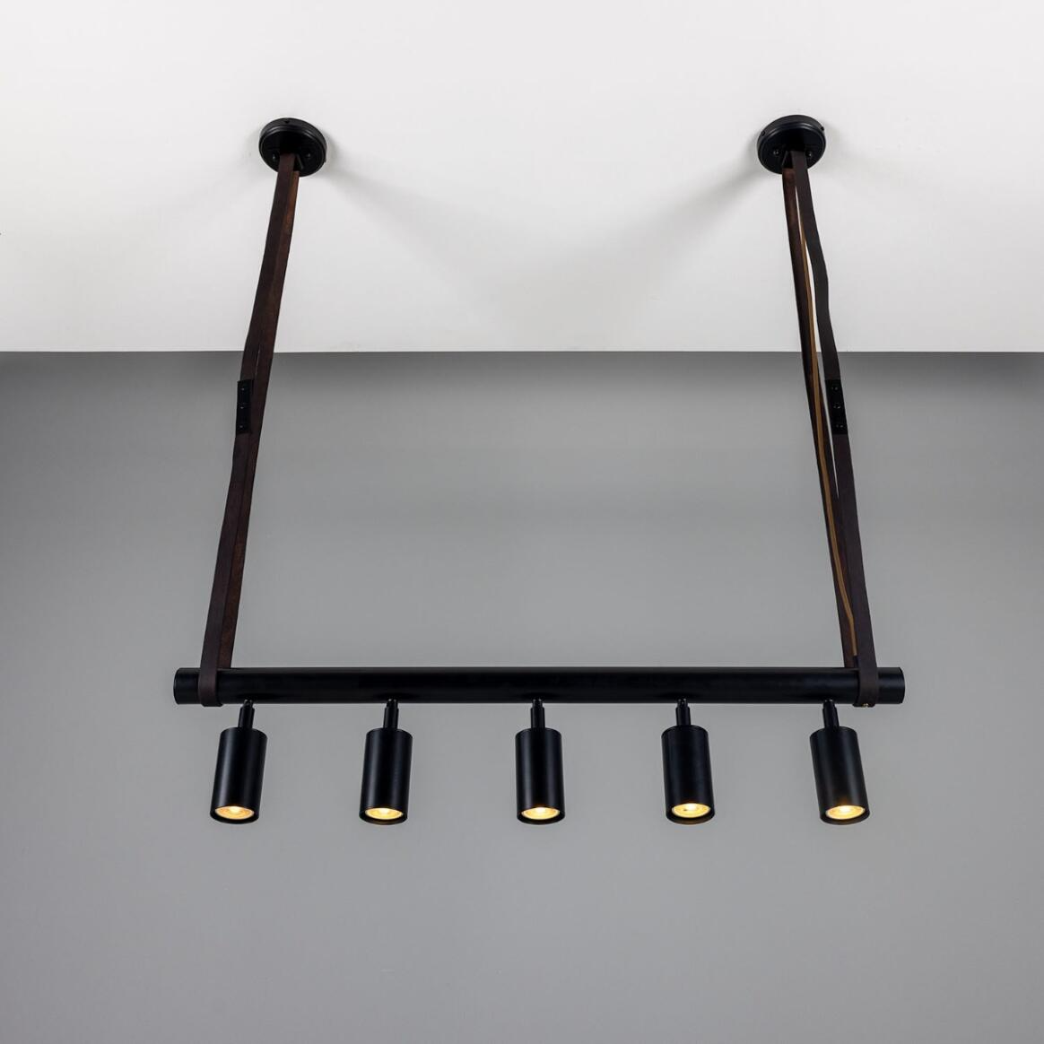 Mullan Holmes Linear Island Pendant with Leather Straps Five-Light - Powder-Coated Matte Black Finish