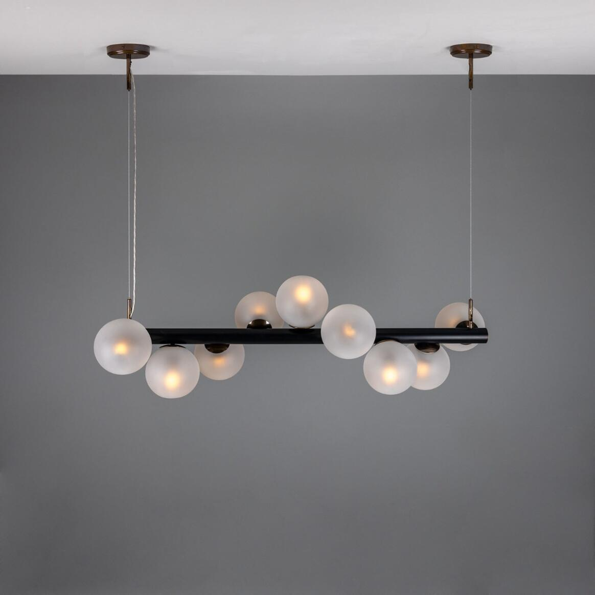 Mullan Moriarty Linear Island Pendant Light Nine-Light - Powder-Coated Matte Black and Antique Brass Finish