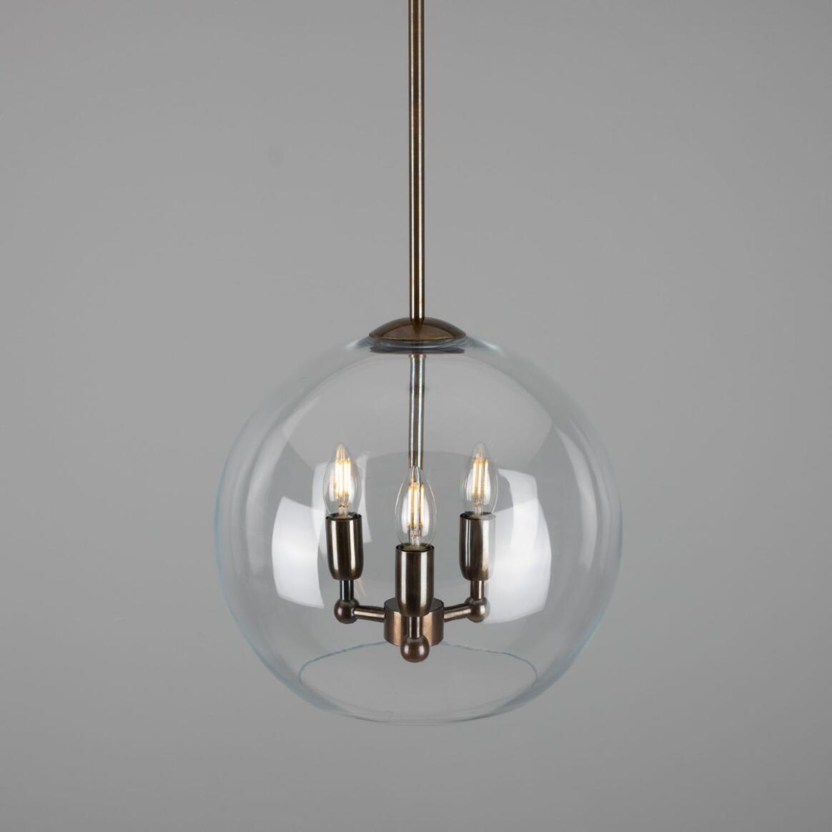 Mullan Clermont Modern Mini Chandelier with Open Glass Globe Three-Light - Antique Brass Finish
