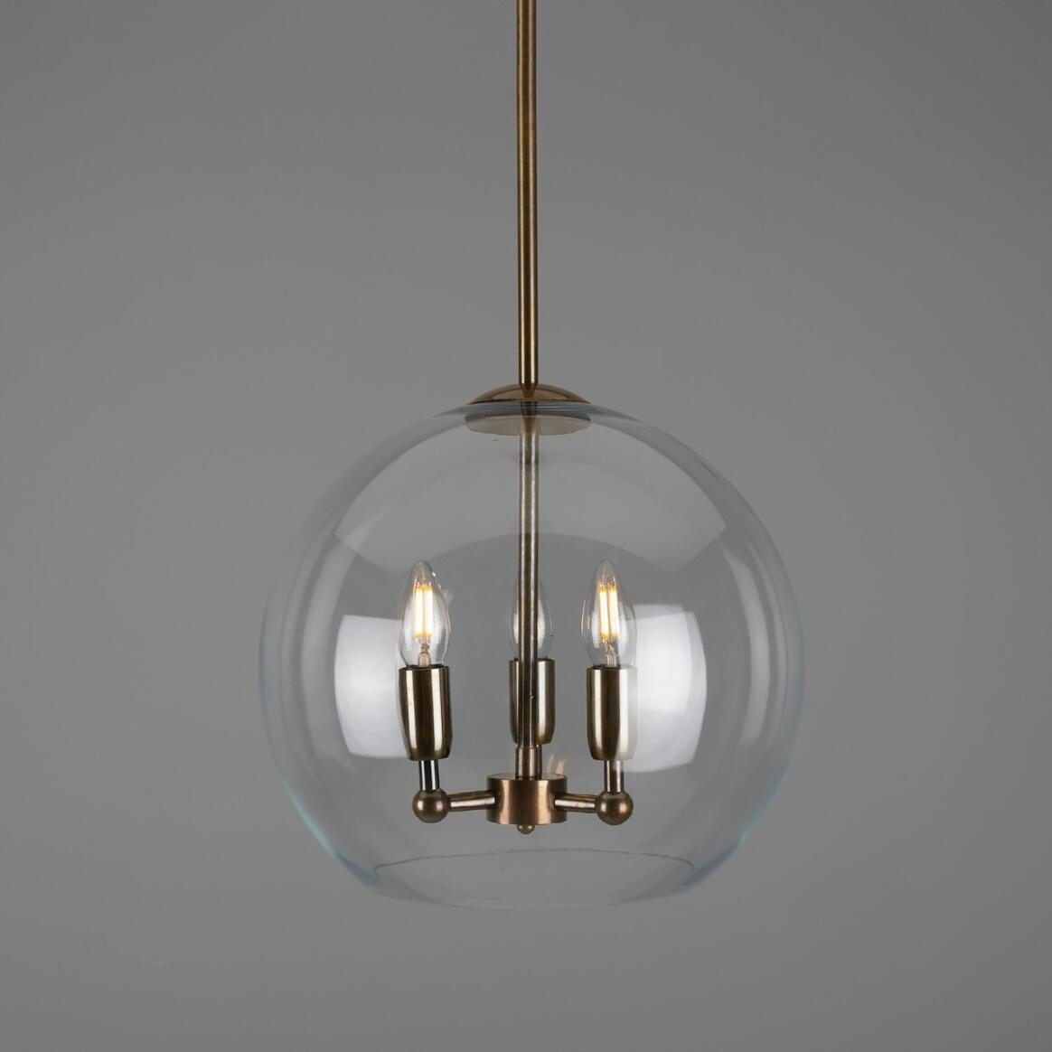 Mullan Clermont Modern Mini Chandelier with Open Glass Globe Three-Light - Antique Brass Finish