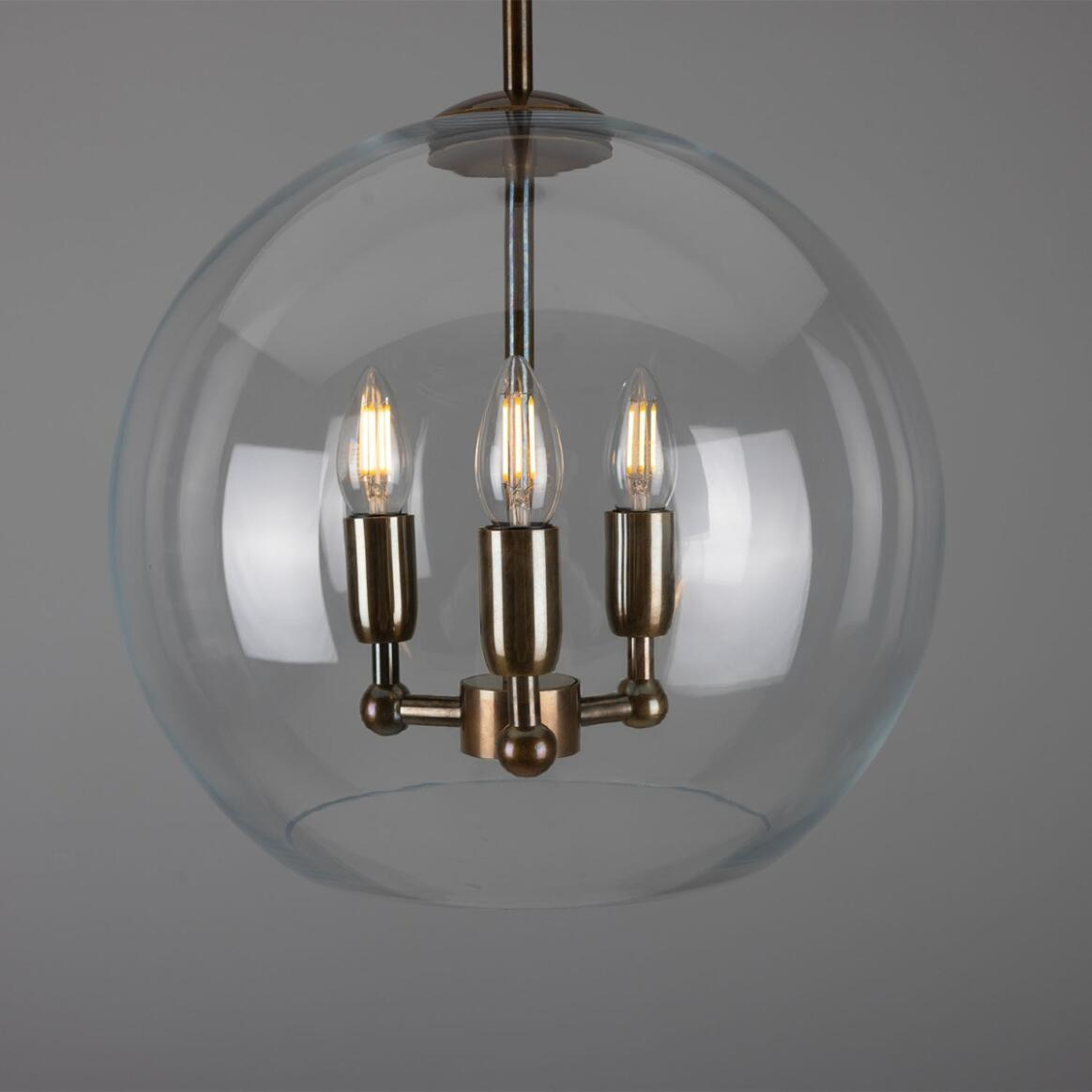 Mullan Clermont Modern Mini Chandelier with Open Glass Globe Three-Light - Antique Brass Finish