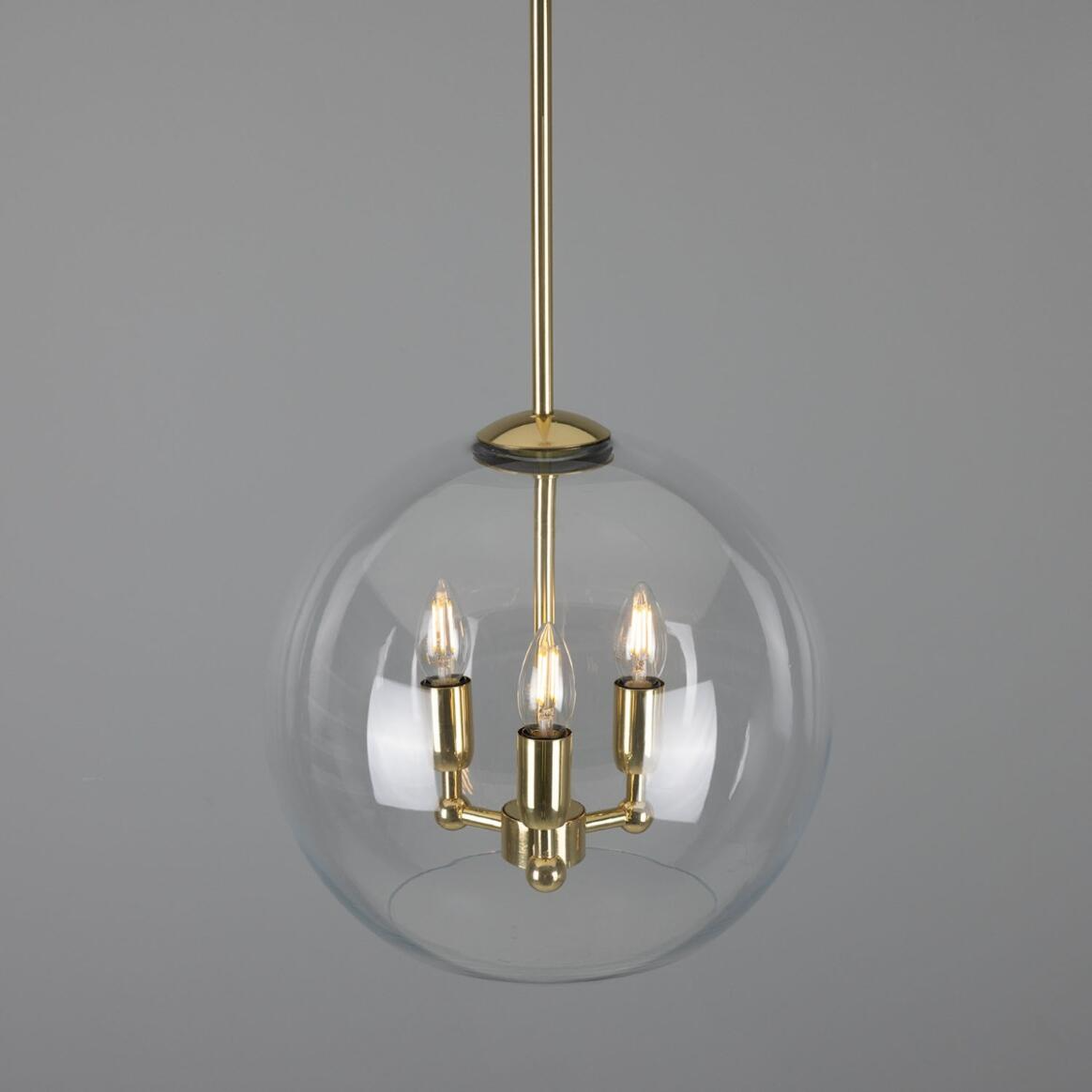 Mullan Clermont Modern Mini Chandelier with Open Glass Globe Three-Light - Polished Brass Finish