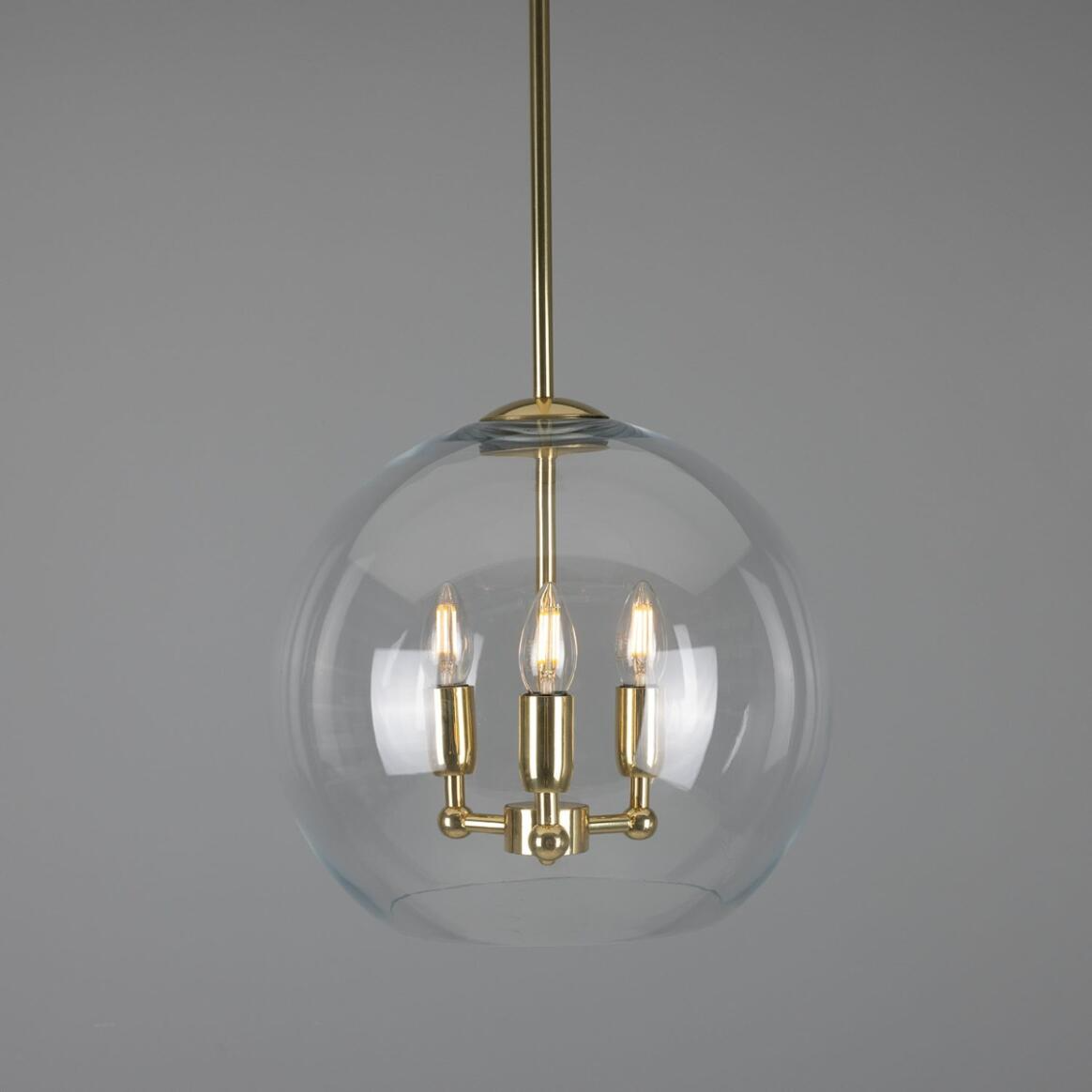 Mullan Clermont Modern Mini Chandelier with Open Glass Globe Three-Light - Polished Brass Finish