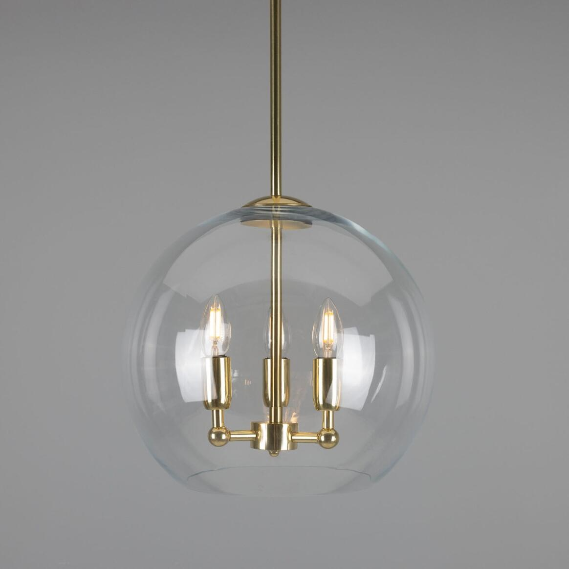 Mullan Clermont Modern Mini Chandelier with Open Glass Globe Three-Light - Polished Brass Finish
