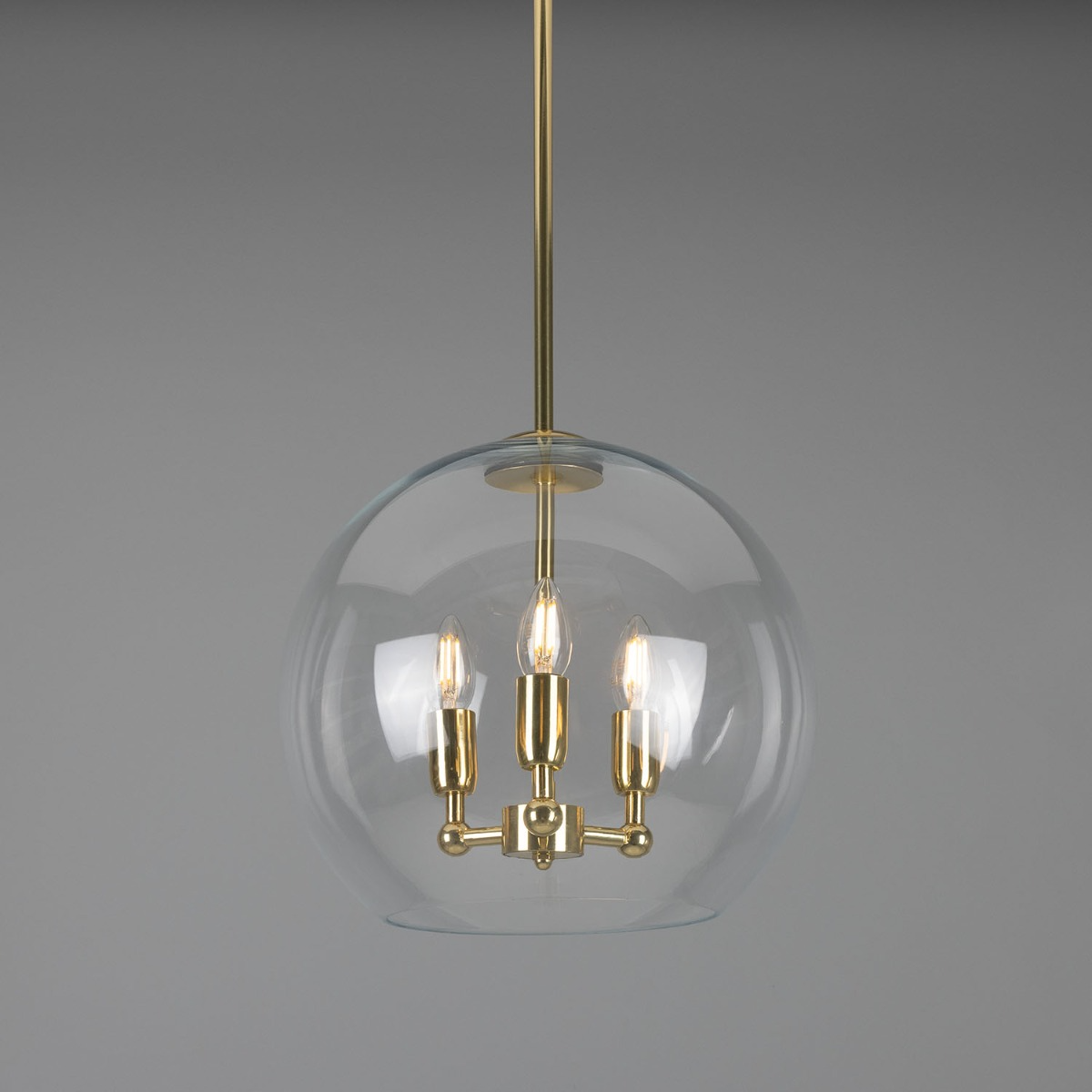 Mullan Clermont Modern Mini Chandelier with Open Glass Globe Three-Light - Polished Brass Finish