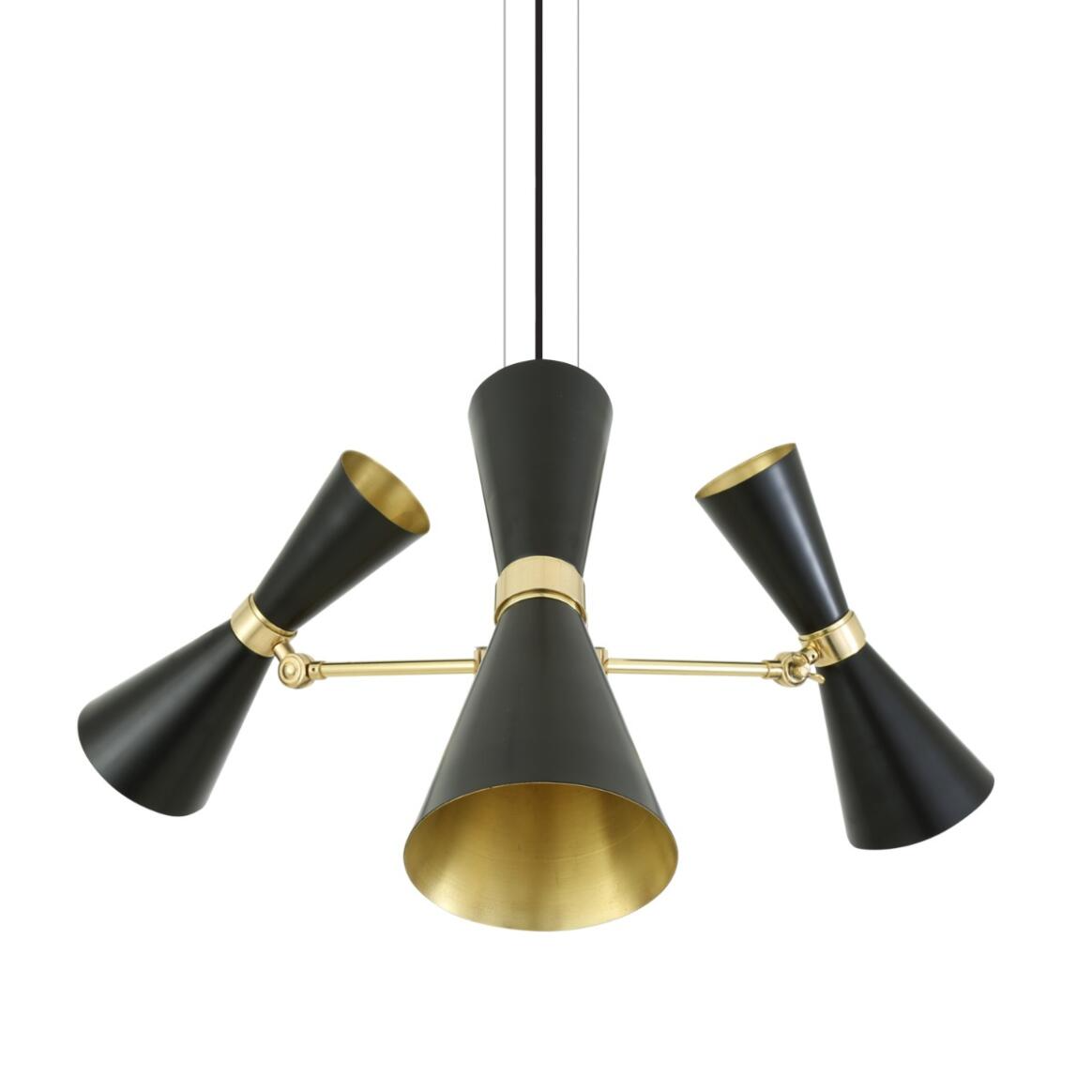 Mullan Cairo Mid-Century Chandelier Three-Arm - Powder-Coated Matte Black / Polished Brass Finish
