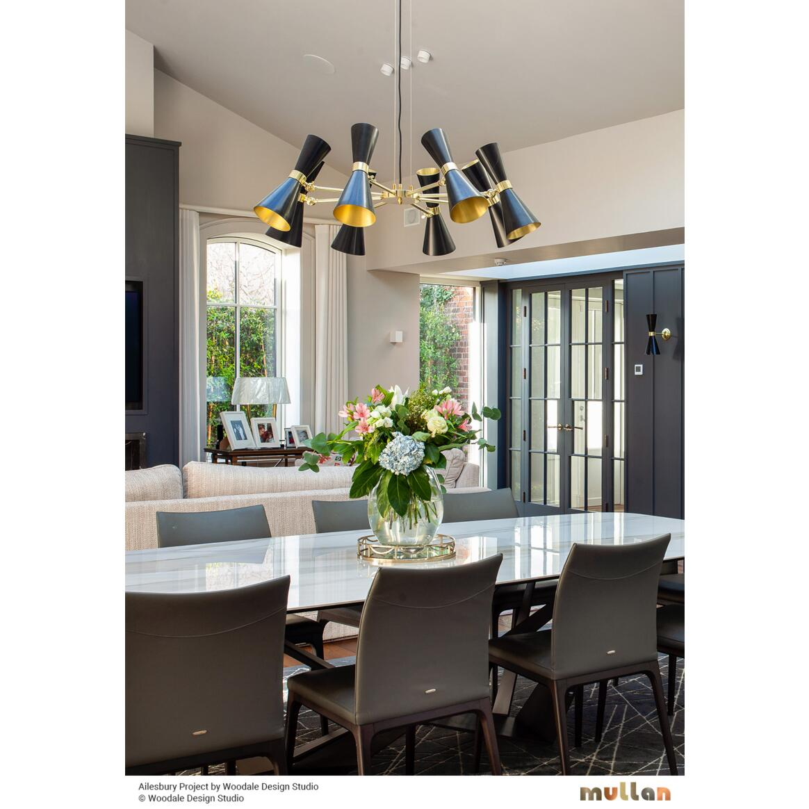Mullan Cairo Mid-Century Chandelier Eight-Arm - Powder-Coated Matte Black / Polished Brass Finish