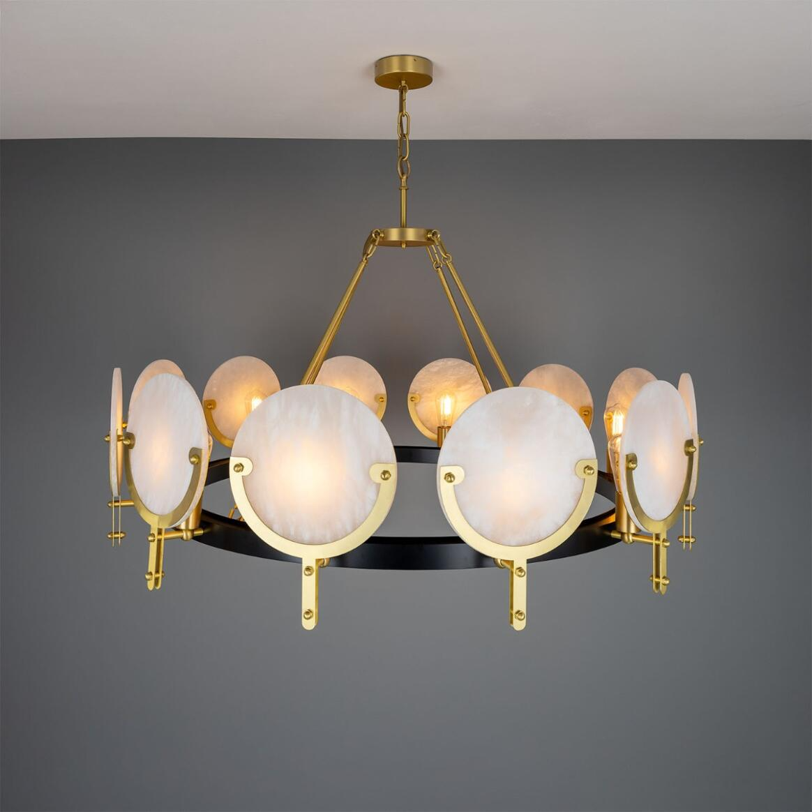 Mullan Edinburgh Alabaster and Brass Chandelier 12-Light - Powder-Coated Matte Black Finish