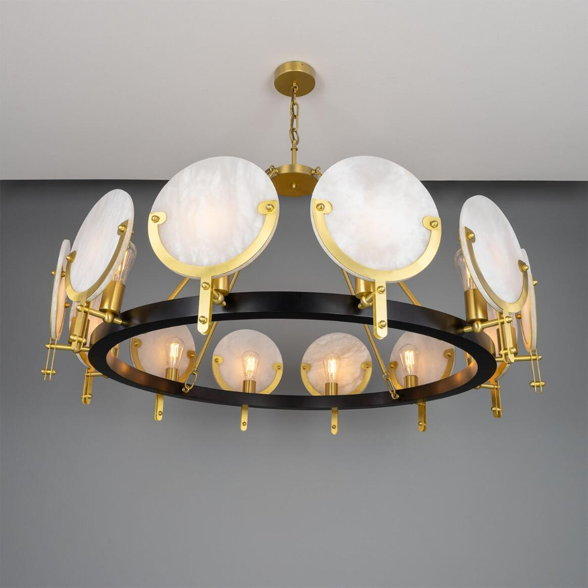 Mullan Edinburgh Alabaster and Brass Chandelier 12-Light - Powder-Coated Matte Black Finish