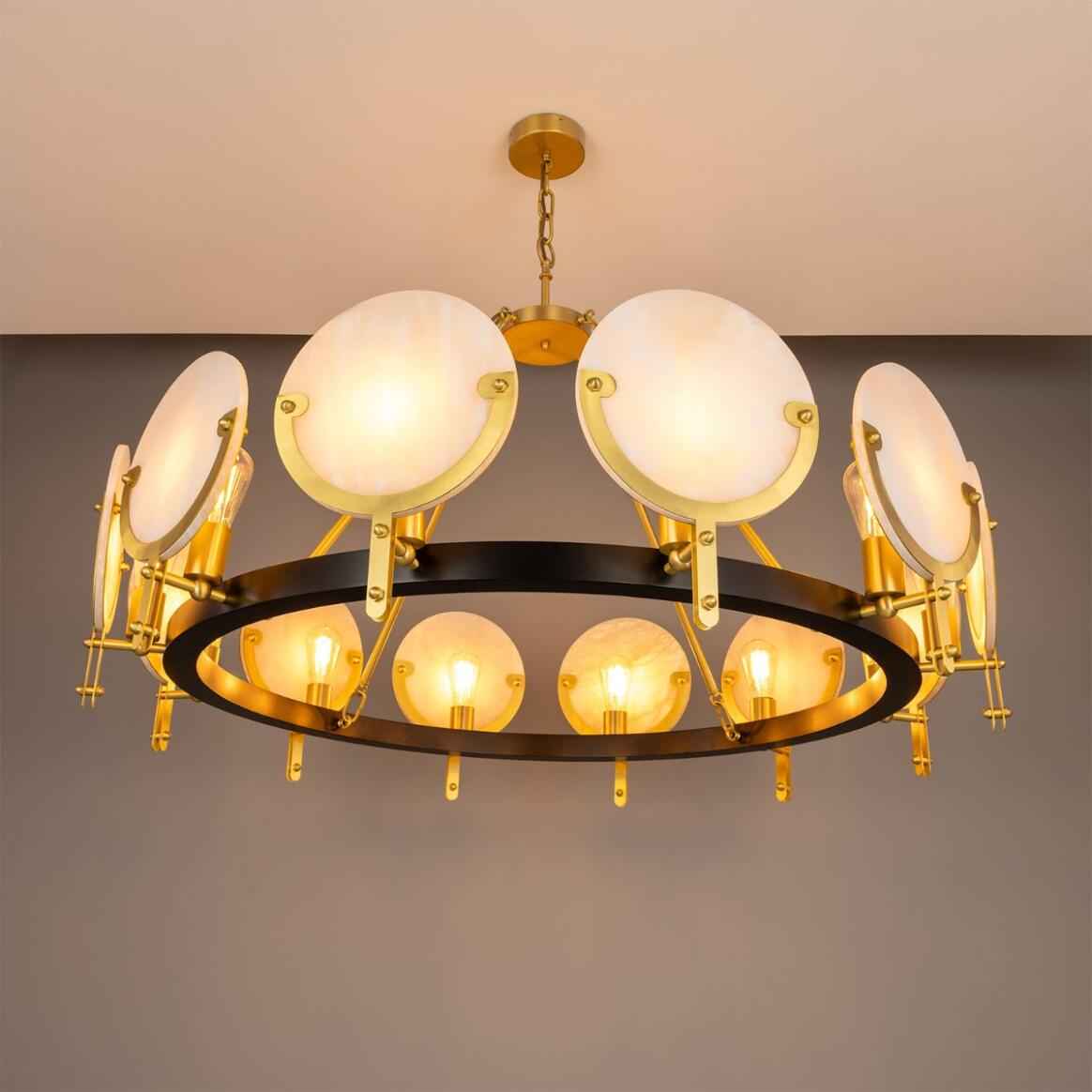 Mullan Edinburgh Alabaster and Brass Chandelier 12-Light - Powder-Coated Matte Black Finish