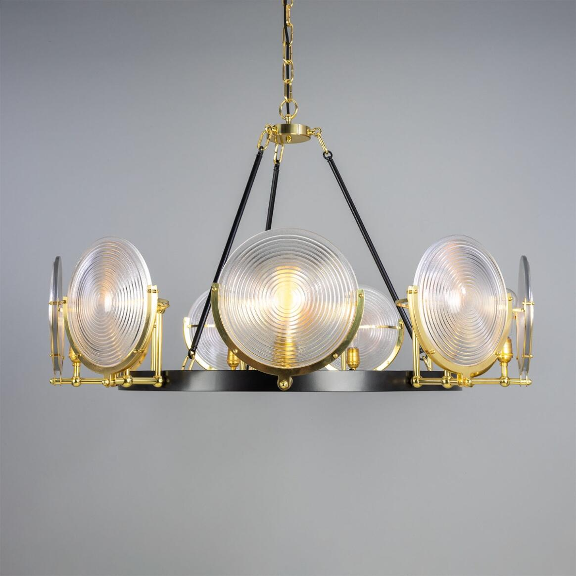 Mullan Portland Prismatic Glass Dish Chandelier Nine-Light - Polished Brass Finish