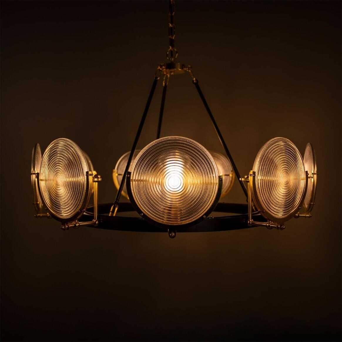 Mullan Portland Prismatic Glass Dish Chandelier Nine-Light - Polished Brass Finish