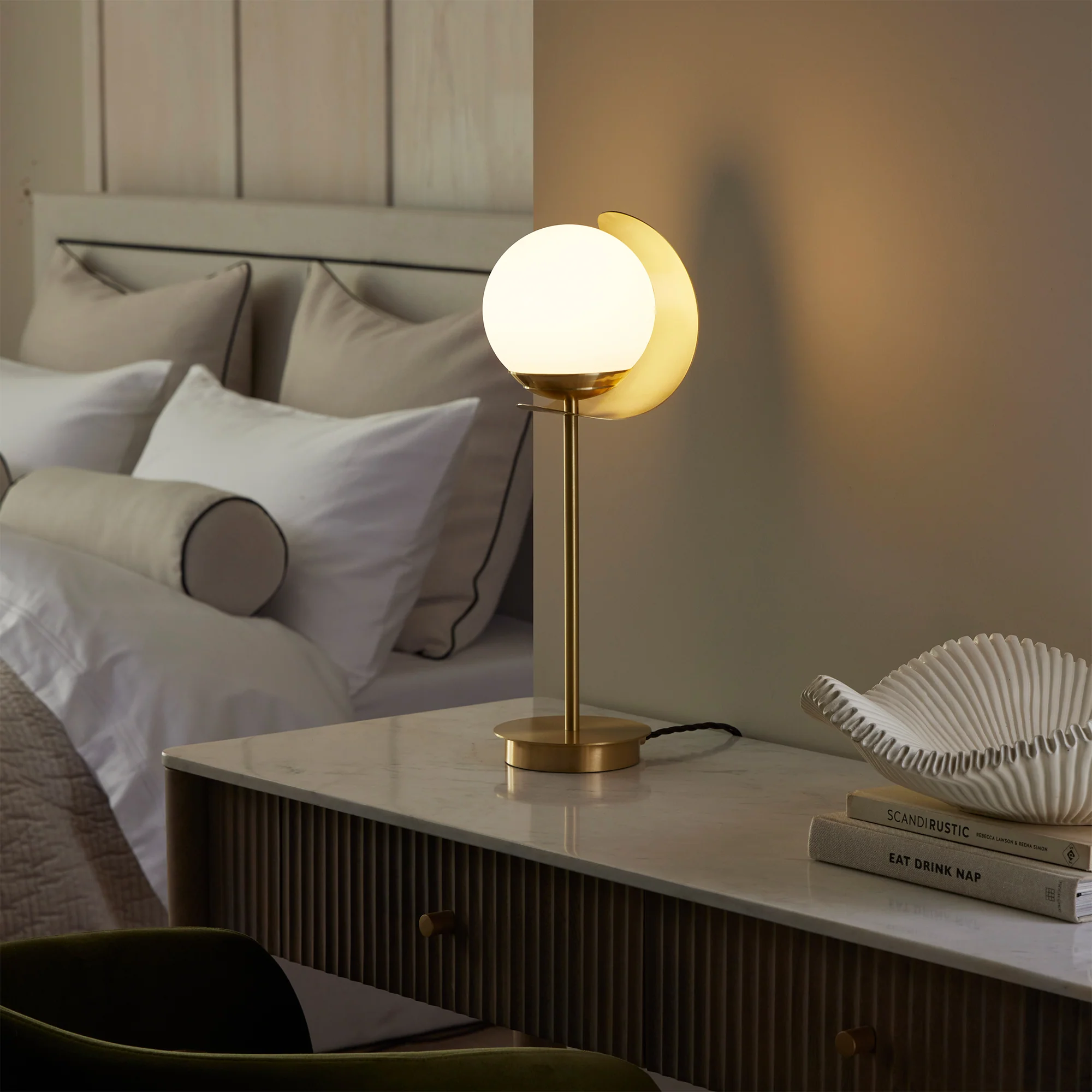Northern Light - Callisto Opal Table Lamp - Brushed Brass Finish - Matt Opal Glass Globe 150mm Shade