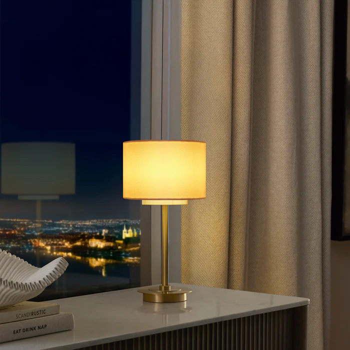 Northern Light - Cumberbatch Rechargeable Table Lamp - Brushed Brass Finish - 6" Drum Snowdrift Shade