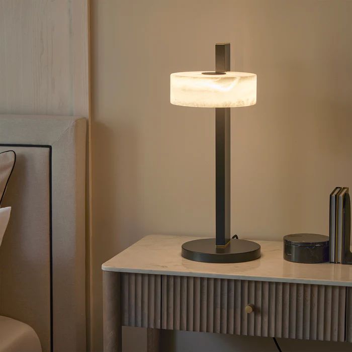 Northern Light - Turris Table Lamp - Black Grey Polished Brass Finish - White Alabaster Shade