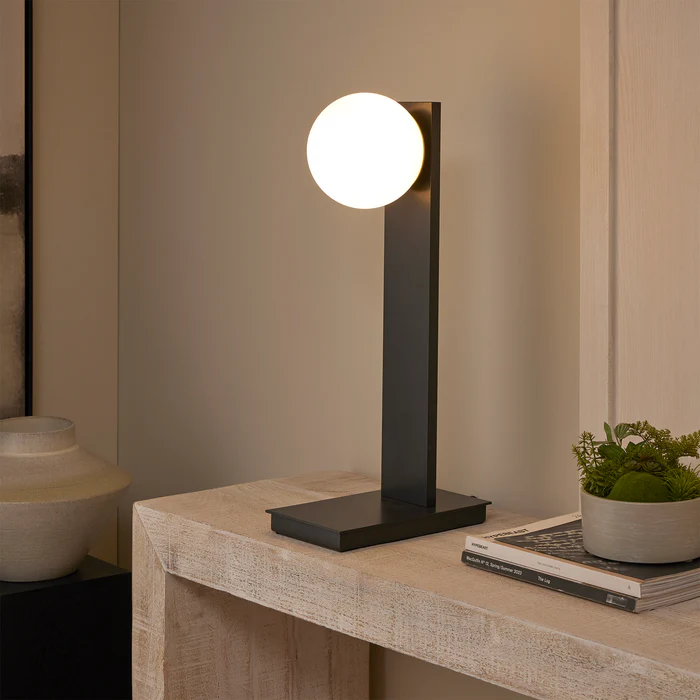 Northern Light - Jura Opal Globe Table Lamp - Black-Grey Polished Brass Finish - Matt Opal Glass Globe Ã˜150mm Shade