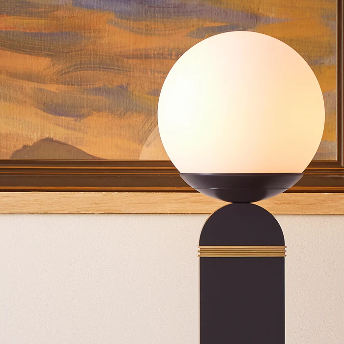 Northern Light - Porto Table Lamp - Black Grey Polished Brass - Matt Opal Glass Globe Ø150mm Shade