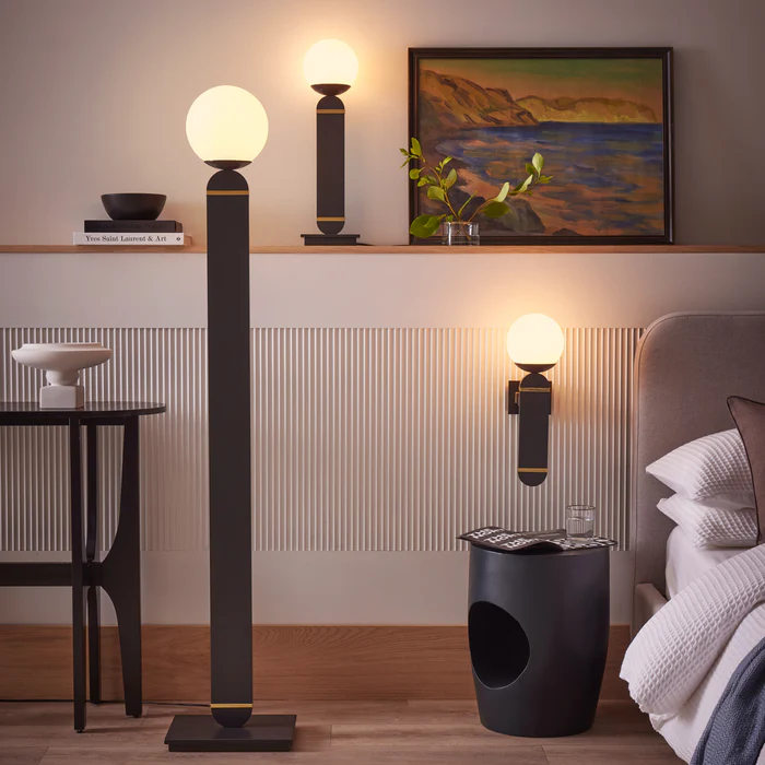 Northern Light - Porto Table Lamp - Black Grey Polished Brass - Matt Opal Glass Globe Ø150mm Shade