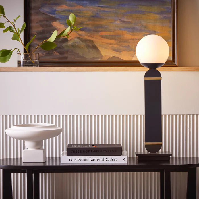 Northern Light - Porto Table Lamp - Black Grey Polished Brass - Matt Opal Glass Globe Ø150mm Shade