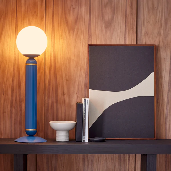 Northern Light - Novara Table Lamp - Azure Blue Brushed Brass Finish - Matt Opal Glass Globe Ø200mm Shade