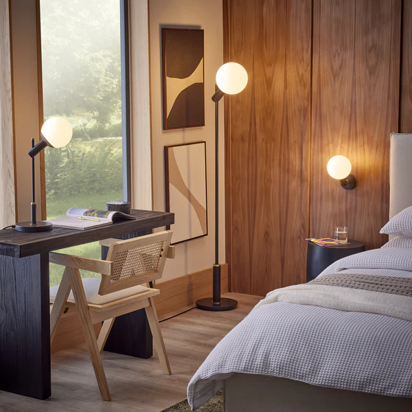 Northern Light - Lisbon Table Lamp - Black Grey Polished Brass Finish - Matt Opal Glass Globe Ø150mm Shade
