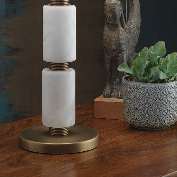 Northern Light - Mora Table Lamp Medium - White Alabaster Old English Brass Light Finish - 10" Short Drum Flint Shade