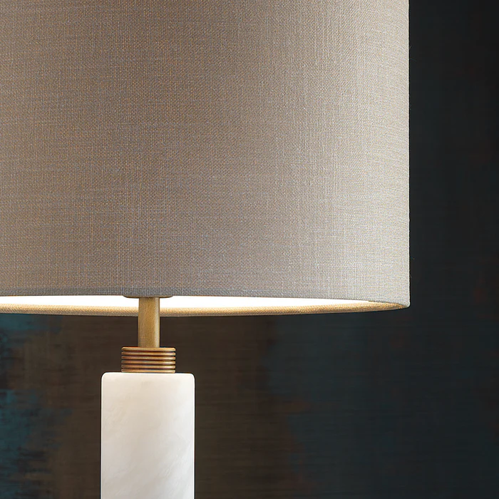 Northern Light - Mora Table Lamp Medium - White Alabaster Old English Brass Light Finish - 10" Short Drum Flint Shade