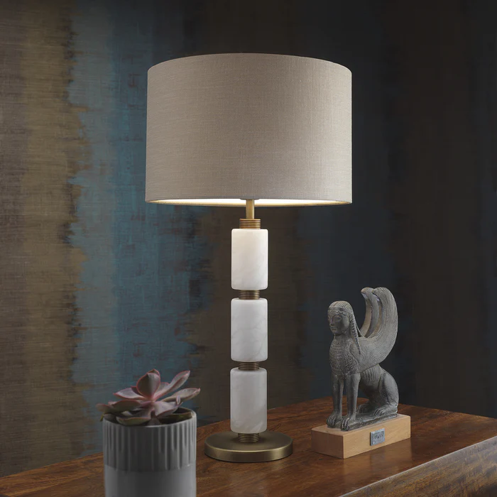 Northern Light - Mora Table Lamp Large - White Alabaster Old English Brass Light Finish - 12" Short Drum Flint Shade