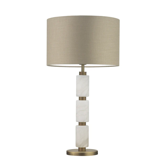 Northern Light - Mora Table Lamp Large - White Alabaster Old English Brass Light Finish - 12" Short Drum Flint Shade