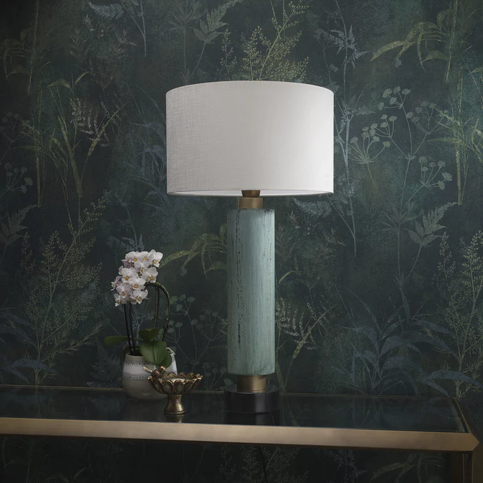 Northern Light - Argent Table Lamp - Verdigris Old English Brass Light Finish - 14" Short Drum Pearl Grey Shade