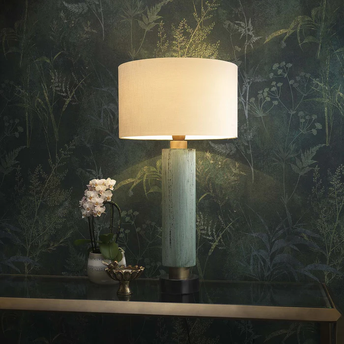 Northern Light - Argent Table Lamp - Verdigris Old English Brass Light Finish - 14" Short Drum Pearl Grey Shade