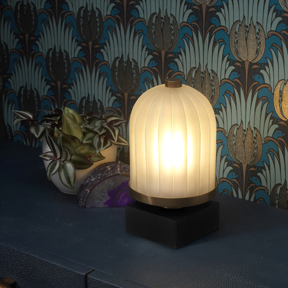 Northern Light - Hewell Rechargeable Table Lamp - Old English Brass Light Finish - Frosted Reeded Glass Dome Shade