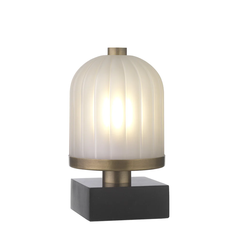 Northern Light - Hewell Rechargeable Table Lamp - Old English Brass Light Finish - Frosted Reeded Glass Dome Shade